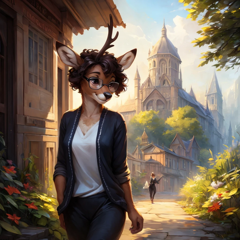 uploaded on e621, by Pixelsketcher, by Bayard Wu, by Thomas Benjamin Kennington , by Einshelm, by hioshiru and kenket, Chunie, portrait, solo anthro female deer doe, tiny featureless breasts, tiny breasts, clear dark blue, cinematic lighting, day, sunny day, walking outside, old town background, french town background, old french background, shiny, short curly dark brown hair, short hair, wears big black nerd glasses, very very beautiful furry art, furry art, thoughtful, shiny, feminine, cute face, muzzle, fluffy chest, flawless face, Fallow deer, 1girl, Sakimichan is beautiful, Masterpiece, Wavethesallow Face, shiny, Detailed image, portrait, Detailed image, portrait, wears pure black wide cardigan under that a white t-shirt, wears a short comfortable and wide black fabric trousers, shiny, realistic face, perfect anatomy, hourglass body, anthropomorphic deer, happy, very happy, small ears, huge black nerd glasses, wide happy eyes, look at viewer, smiles, big smile, hourglass body, (furry body:1.1), anthropomorphic deer, small fluffy tail, detailed background, (cute anatomy:1.1)
