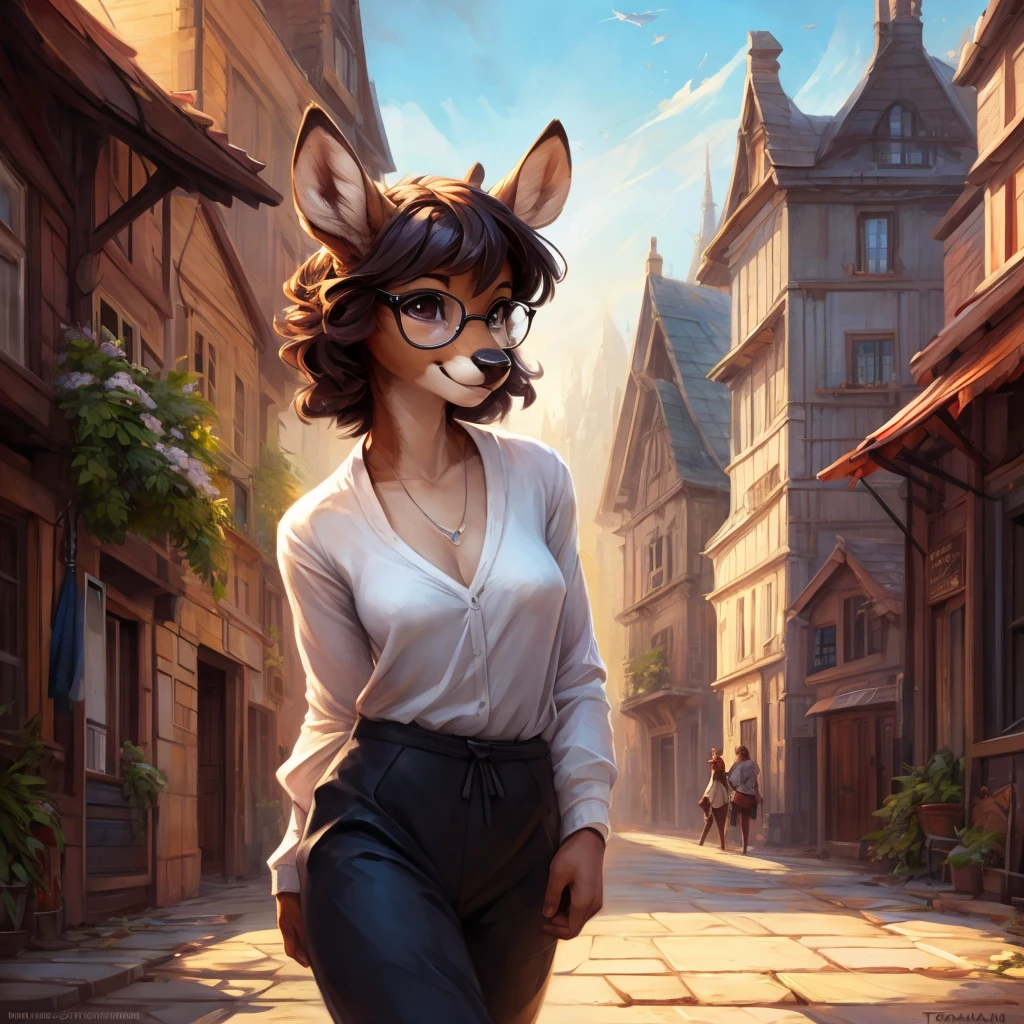 uploaded on e621, by Pixelsketcher, by Bayard Wu, by Thomas Benjamin Kennington , by Einshelm, by hioshiru and kenket, Chunie, portrait, solo anthro female deer doe, tiny featureless breasts, tiny breasts, clear dark blue, cinematic lighting, day, sunny day, walking outside, old town background, french town background, old french background, shiny, short curly dark brown hair, short hair, wears big black nerd glasses, very very beautiful furry art, furry art, thoughtful, shiny, feminine, cute face, muzzle, fluffy chest, flawless face, Fallow deer, 1girl, Sakimichan is beautiful, Masterpiece, Wavethesallow Face, shiny, Detailed image, portrait, Detailed image, portrait, wears pure black wide cardigan under that a white t-shirt, wears a short comfortable and wide black fabric trousers, shiny, realistic face, perfect anatomy, hourglass body, anthropomorphic deer, happy, very happy, small ears, huge black nerd glasses, wide happy eyes, look at viewer, smiles, big smile, hourglass body, (furry body:1.1), anthropomorphic deer, small fluffy tail, detailed background, (cute anatomy:1.1)