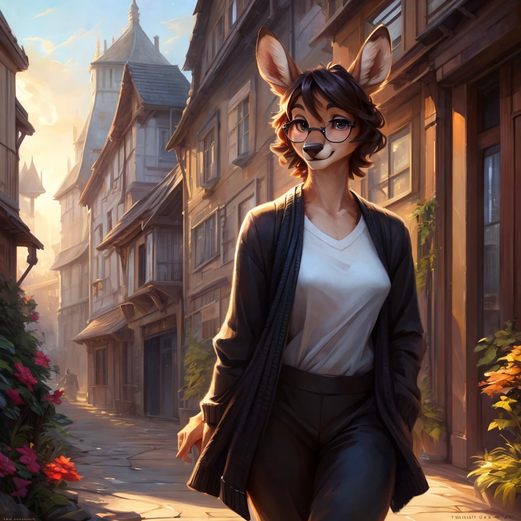 uploaded on e621, by Pixelsketcher, by Bayard Wu, by Thomas Benjamin Kennington , by Einshelm, by hioshiru and kenket, Chunie, portrait, solo anthro female deer doe, tiny featureless breasts, tiny breasts, clear dark blue, cinematic lighting, day, sunny day, walking outside, old town background, french town background, old french background, shiny, short curly dark brown hair, short hair, wears big black nerd glasses, very very beautiful furry art, furry art, thoughtful, shiny, feminine, cute face, muzzle, fluffy chest, flawless face, Fallow deer, 1girl, Sakimichan is beautiful, Masterpiece, Wavethesallow Face, shiny, Detailed image, portrait, Detailed image, portrait, wears pure black wide cardigan under that a white t-shirt, wears a short comfortable and wide black fabric trousers, shiny, realistic face, perfect anatomy, hourglass body, anthropomorphic deer, happy, very happy, small ears, huge black nerd glasses, wide happy eyes, look at viewer, smiles, big smile, hourglass body, (furry body:1.1), anthropomorphic deer, small fluffy tail, detailed background, (cute anatomy:1.1)