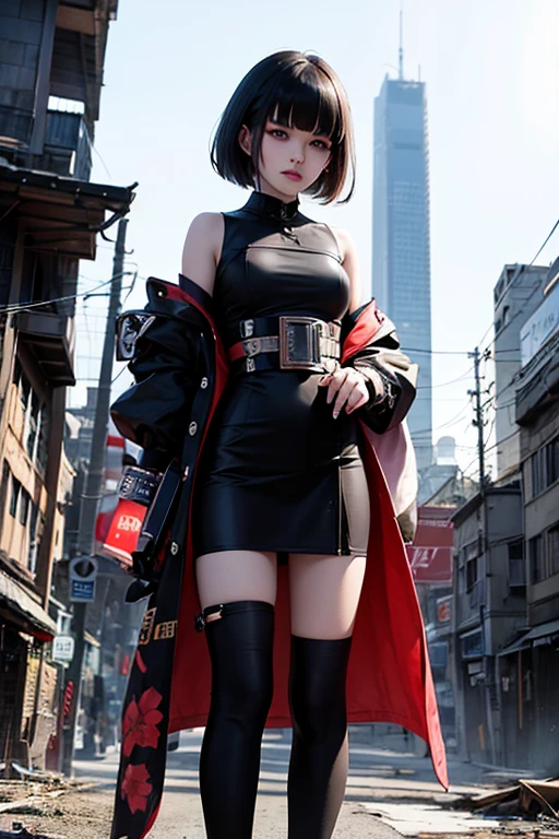 A powerful image captures a gorgeous Asian model in a contemporary Japanese designer outfit, standing tall amidst the ruins of a decaying metropolis in a post-apocalyptic futuristic setting. She wears a kimono-inspired jacket made of high-tech metallic fabric with digital patterns and glowing circuitry, paired with a sleek, form-fitting black bodysuit with luminescent lines. Her knee-high reinforced boots and utility belt add to her resourceful look. With an edgy bob haircut, metallic silver eyeshadow, and deep matte red lips, she exudes strength and determination. The scene's crumbling buildings, overgrown flora, and flickering neon signs create a visually stunning and thought-provoking backdrop.