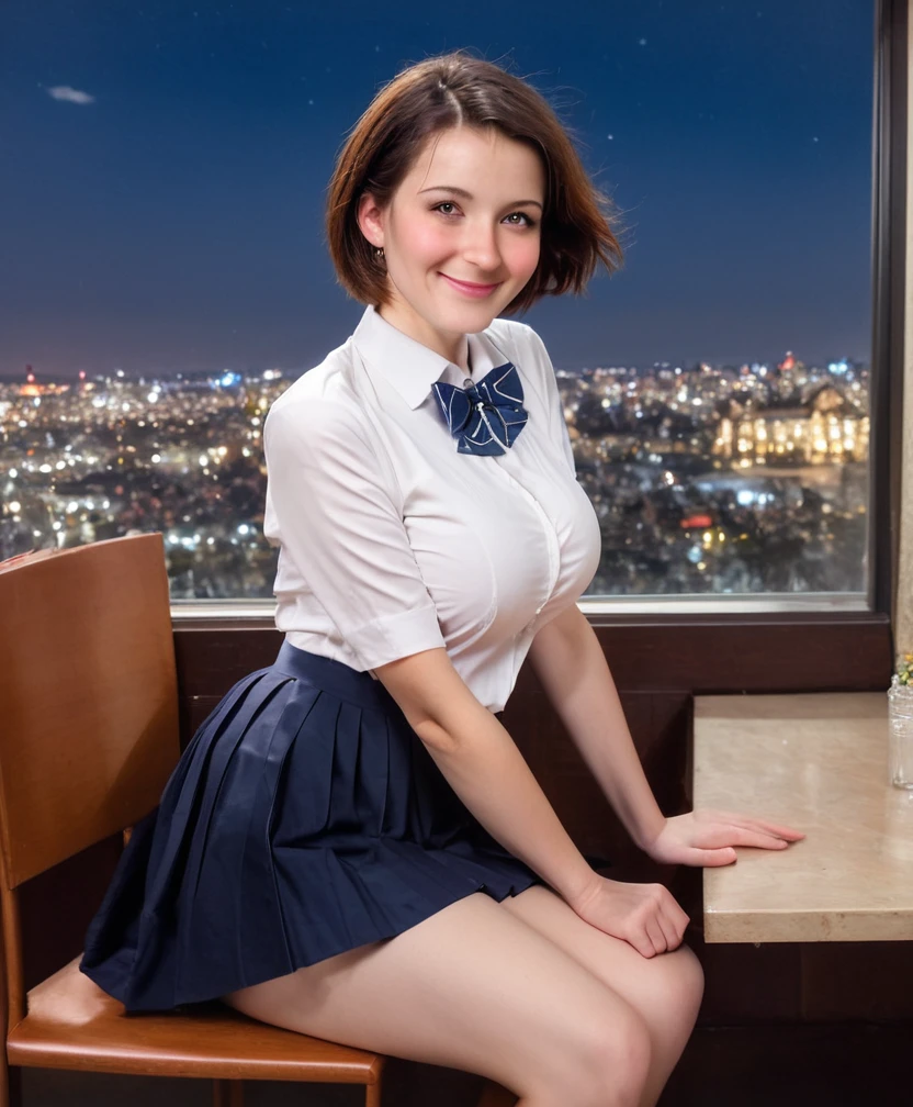 (8k, RAW photo, best quality, masterpiece:1.2), (realistic, photo-realistic:1.37), ultra-detailed,
1 girl,cute, solo,beautiful detailed sky,detailed cafe,night,sitting,dating,(nose blush),(smile:1.1),(closed mouth),large breasts, seductive smile, large aparture, professional lighting, Sony A7R4, Zessie 50mm F1.8,
Large breasts,beautiful detailed eyes,(collared shirt:1.1), bowtie,pleated skirt,(short hair:1.2),floating hair