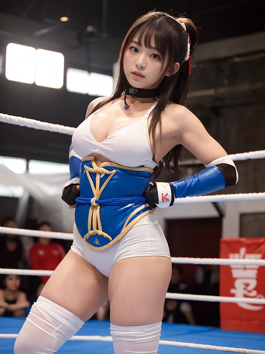 ((highest quality, 8K, masterpiece :1.3)), Beautiful Japanese girl in her early 、Professional wrestler costumes、Bounding on the ring ropes、Ring rope bondage、Pain and gasping、Tears