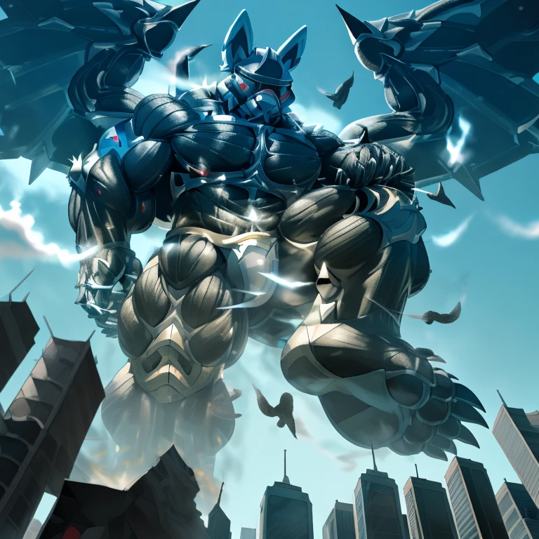 (masterpiece. official art. 8k. best quality. detailed full body. full body.)
(situation 1 : dominating LUCARIO. focus GIANT mechanical Muscular LUCARIO is trampling the CITY. macro. stomp. Low-angle perspective. emphasizing the immense size. The perspective is from below, emphasizing the sheer majesty and power of the Giant. giant art. He is much bigger than a skyscraper. Giga Giants. micro soccer field. looking down. foot focus, (soles:1.2))

(situation 2 :smoke and flames rising from the destruction in the city)

(Additional details 1: wearing a full-face helmet. helmet is jet black. The color of NANOSUIT is jet black. high-tech bio-mecha armor. real texture material. whole body shines like metal. Wearing cyberpunk mecha. emphasizes the muscles. suit fully made of metal. intricate armor. Robotic suit. suit fully made of metal. NANOSUIT with the same design as LUCARIO.). (Lucario has 5 toes.)

(Additional details 2: (Detailed head. Detailed Body. Detailed abs. gigantic muscles. HYPER MUSCLES. Gigachad Muscular. big muscle. pecs. triceps. traps. unusually developed muscular body. body full of huge muscles. showing off muscles. pectorales enormes. Exaggeratedly huge muscles. huge muscles. long legs.).

(Additional details 3: nj5furry, Spread wings. It has wings. black have big wings. The claws are sharp. Sharp teeth.5 toes.). 