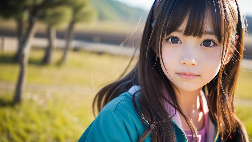 Create a vivid, lifelike portrait of a Japanese girl, .A girl&#39;s hair should flow naturally., And she is big, Expressive blue eyes. Her expression should be soft and gentle, With a warm and kind smile. A combination of warm and cool colors is preferable for the background., Enhance a girl&#39;s hair. She is wearing a blue lace dress with detailed embellishments.,Beautiful flowers in the background々is blooming、Cute puppy beside him、 Adding elegance to her appearance. The overall atmosphere of the artwork is bright.、It should be attractive, Capture the girl&#39;s sweet and friendly demeanor."