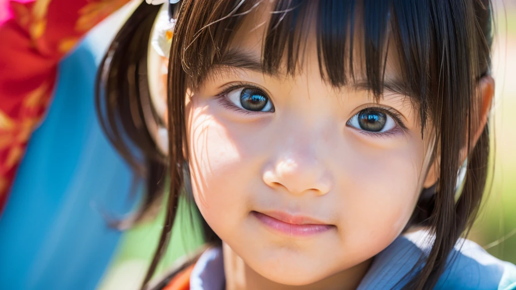 Create a vivid, lifelike portrait of a Japanese girl, .A girl's hair should flow naturally., And she is big, Expressive blue eyes. Her expression should be soft and gentle, With a warm and kind smile. A combination of warm and cool colors is preferable for the background., Enhance a girl's hair. She is wearing a blue lace dress with detailed embellishments.,Beautiful flowers in the background々is blooming、Cute puppy beside him、 Adding elegance to her appearance. The overall atmosphere of the artwork is bright.、It should be attractive, Capture the girl's sweet and friendly demeanor."