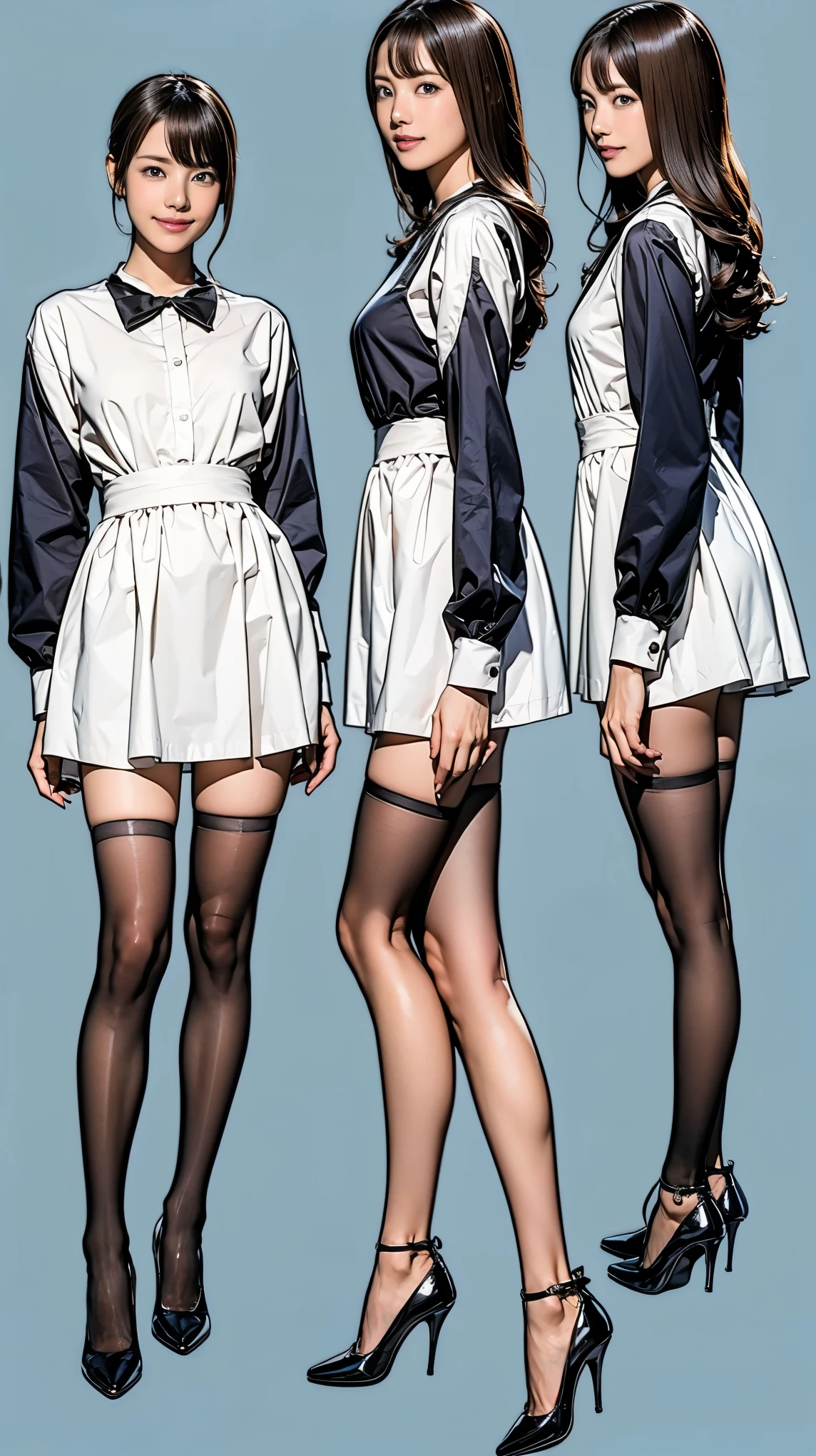 ((masterpiece)),(((Highest quality))),((Character design sheet)),Thin thighs,Long legs,Bunny girl in a light blue maid outfit:1.5,Wearing light blue tights:1.5,The best smile:1.5,Full Body Shot:1.5,Gray background:1.5,Wearing black high heels:1.5,short side waves:1.5,