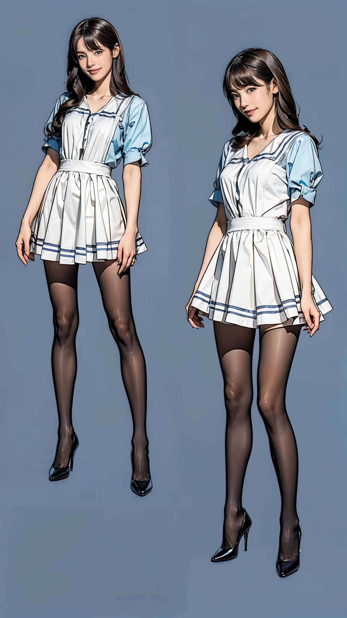 ((masterpiece)),(((Highest quality))),((Character design sheet)),Thin thighs,Long legs,Bunny girl in a light blue maid outfit:1.5，Wearing light blue tights:1.5，The best smile:1.5，Full Body Shot:1.5，Gray background:1.5，Wearing black high heels:1.5，short side waves:1.5，