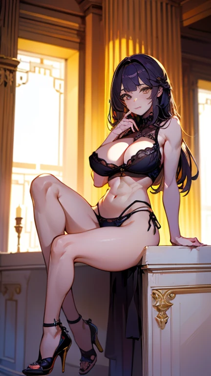 lace pajamas、transparency,purple,High score hair、personal,Young long haired woman biting lip,sitting position,High heel, , long legs, strong abdominal muscles,(camel toe),(No),(Did not bring),sitting position,Top of crotch,enchanting,High heel, long legs, strong abdominal muscles,(detailed face:1.4) , huge breast , golden eyes,