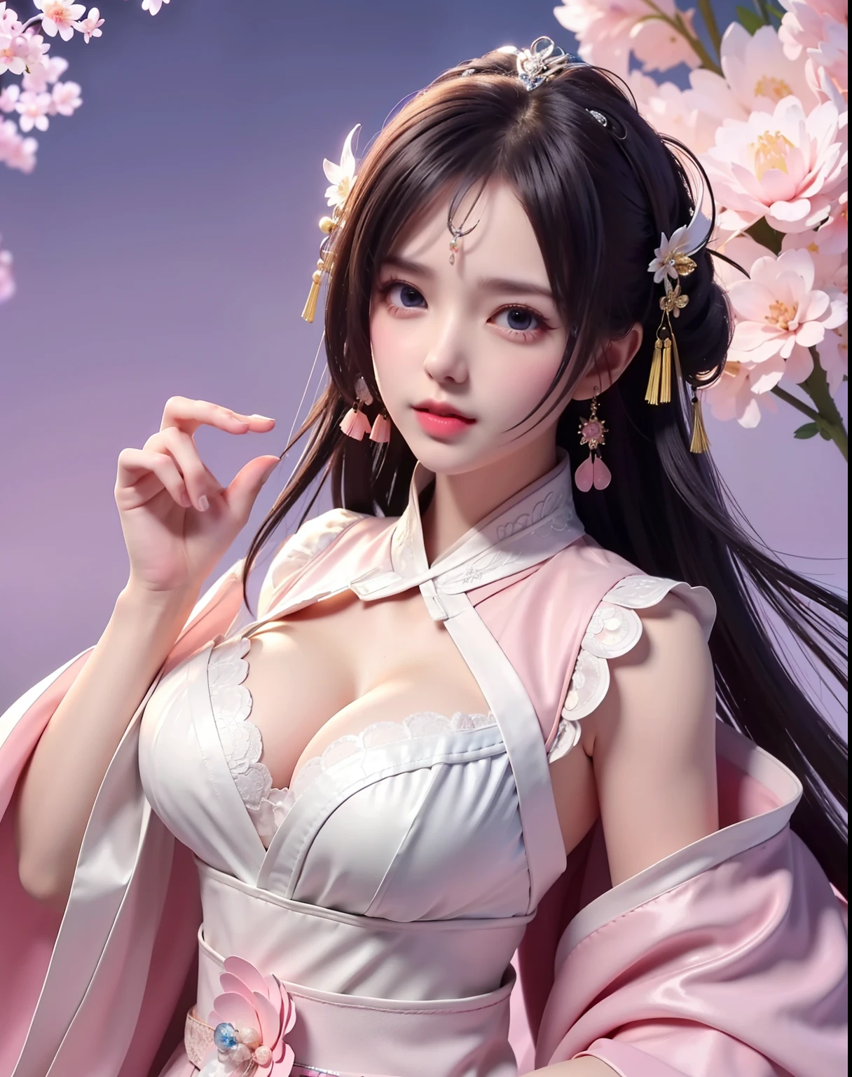 (8k, RAW photo:1.2), best quality, ultra high res,dramatic angle,(fluttered detailed color splashs), (illustration),(((1 girl))),(long hair),(rain:0.9), (Headdress:1.4),There is an ancient palace beside the girl,Hanfu,(Key Points),Color ink painting,(Splash of Color),Splash of Color,(((colorful))),(sketch:0.8) , Masterpiece, best quality, beautiful painted, highly detailed,(denoising:0.6),[splash ink],((ink refraction)), (beautiful detailed sky),moon,highly,detaild,(masterpiece, best quality, extremely detailed） CG Unity 8k Wallpaper，masterpiece，best quality，Ultra Detailed），（Lycoris）. hanfu open v   open V-chested clothes Thin silk lace dress , (huge ，cleavage),, white pink, blue ，best qualtiy，tmasterpiece，Ultra-high resolution，（Reality：1.4），RAW photogr，（True skin texture：1.3），（filmgrain：1.3），（Selfie angle），1个Giant Breast Girl，Beautiful eye and face details，tmasterpiece，Best quality at best，，The chest more exposed， detailed hair, bra pink , detail 8k, full body, lace petticoat