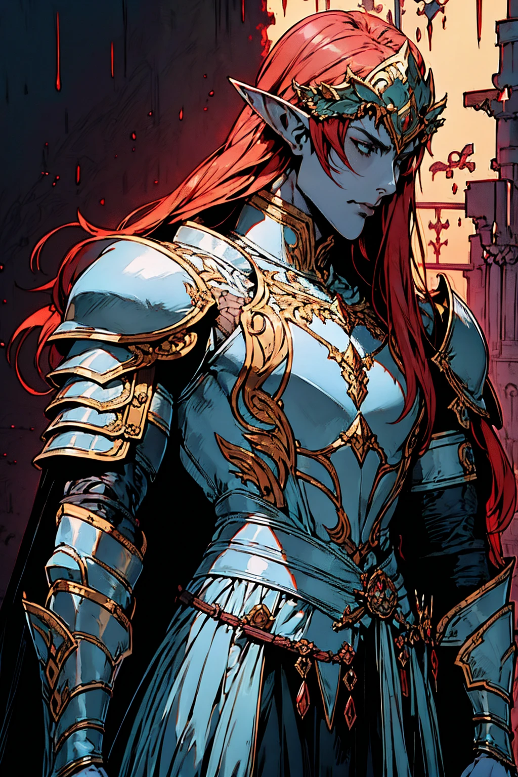 work of art, best qualityer, 1 men, -up, male focus, standing alone, red hair, long hair, vibrant green eyes, gray skin, dark elf, ebony plus, dark elf, heavy armor, male, cloak, darkskin, war cry, Fantasy aesthetic, highy detailed, shadowverse style, elf ear, elf knight armor. Holding Chinese halberd, going, writing, lying down, standing, on your back, fighting, dynamic poses. Get ready to dive into a world where beauty and craftsmanship merge perfectly