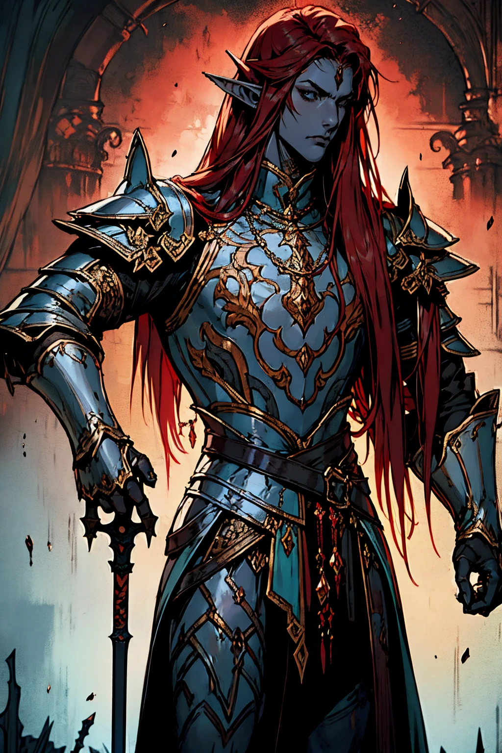 work of art, best qualityer, 1 men, -up, male focus, standing alone, red hair, long hair, vibrant green eyes, gray skin, dark elf, ebony plus, dark elf, heavy armor, male, cloak, darkskin, war cry, Fantasy aesthetic, highy detailed, shadowverse style, elf ear, elf knight armor. Holding Chinese halberd, going, writing, lying down, standing, on your back, fighting, dynamic poses. Get ready to dive into a world where beauty and craftsmanship merge perfectly