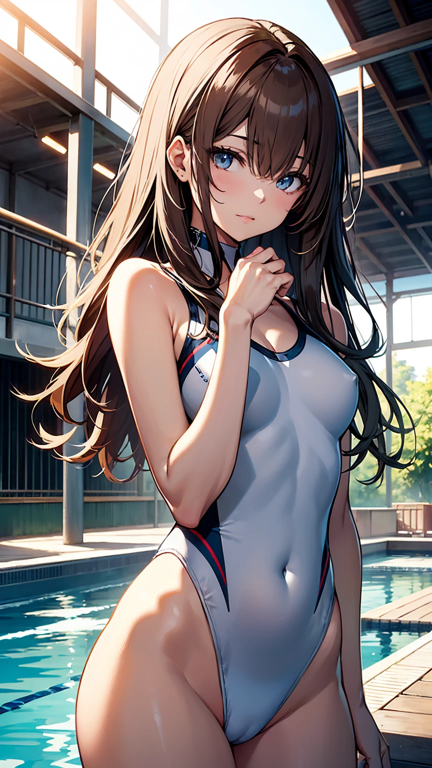 (Official Art、Highest quality、Unity 8k wallpaper、32k、 masterpiece、Ultra-detailed、High resolution,Perfect Anatomy),(Natural soft light:1.2),Beautiful face and eyes in every detail,20 year old beauty、Japanese、high school girl、Brown Hair,Long Hair,(Slim lower body:1.5,skinny:1.3,Ideal body proportions,Medium chest)、Beautiful hand with five fingers、White competitive swimsuit,Pool、