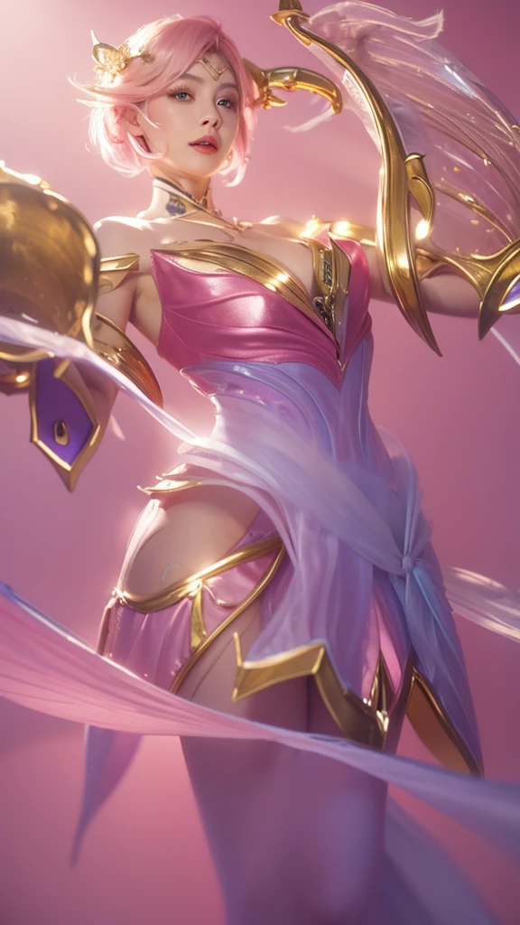 Woman with pink long hair, woman with beautiful face, woman with beautiful blue round eyes, woman with blue feather wing on her right hand, beautiful woman with pink lipstick, morning background, woman with beautiful pink flower on her blonde short hair, woman using pink skirt, woman with gold Root accessories on her body, woman on green leaf background, woman with golden accessories on her head, woman using blue dress and pink white gradient color, pink flower on her pink hair, pink dress, i SAID pink DRESSSSS
