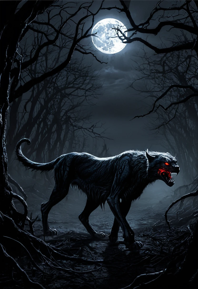 An intricate and gruesome horror art of a cheetah prowling through a dark, twisted jungle. The cheetah's fur is matted and streaked with blood, with patches of decayed flesh revealing sinew and bone underneath. Glowing, blood-red eyes pierce through the darkness, emanating a sinister light. The jungle is filled with gnarled, twisted trees, and thick, creeping vines that seem to have a life of their own, entangling skeletal remains of unlucky prey. Ghostly whispers and distant screams echo through the air, while shadows dance menacingly in the moonlight. The cheetah's movements are unnaturally fluid and eerie, its elongated claws dripping with dark ichor, blending seamlessly with the haunting, macabre landscape.