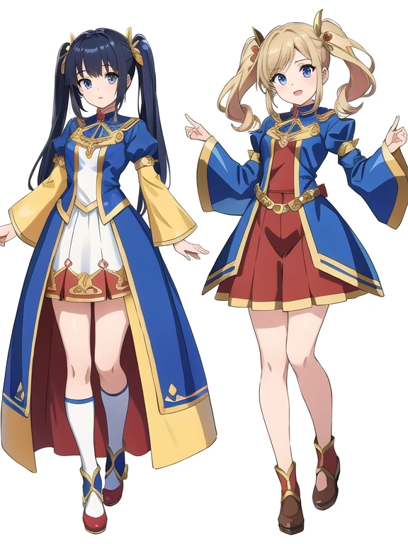 masterpiece, best quality, 2 girls, variety of hairstyles, fantasy costume, ((white background)), full body, multiple views, anime style,