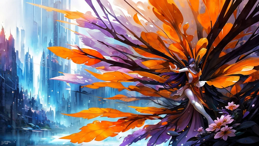 32k, Masterpiece, Highest quality, One girl, Detailed eyes, flower,Alstroemeria, White and orange style,A dreamy, romantic piece,Pale purple, Mysterious Leaves,A playful arrangement,Fantasy,High Contrast,Ink strokes,explosion,Exposure, Impression of white and orange tones,Abstract,((Watercolours by John Berkey and Jeremy Mann )) Brush strokes,Negative Space, Tyndall effect,
