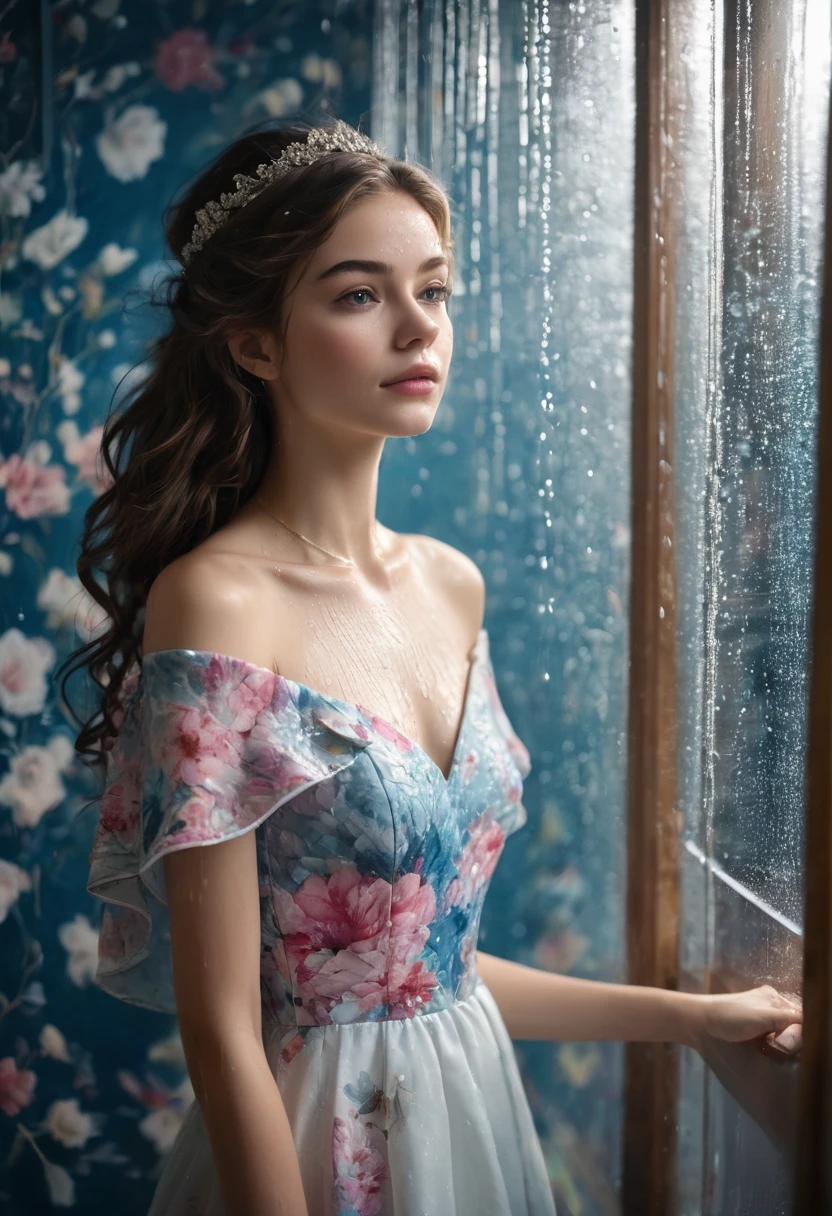 The illustration you provided captures a moment of subtle and delicate beauty, featuring a young woman standing in what appears to be a softly lit indoor setting, possibly a hallway or a room with wooden furnishings. Her appearance is striking and realistic, with a focus on fine details that bring her character to life. She has long, dark hair that cascades over her shoulders and frames her face, appearing slightly damp as if she has just come in from the rain or finished a shower, adding a touch of naturalism and intimacy to the scene. Her skin is smooth and luminous, with a natural blush on her cheeks, enhancing her youthful and fresh appearance. Her facial expression is a mix of contemplation and slight melancholy, with her eyes gazing off to the side, giving a sense of depth and emotion. She wears a beautiful white dress adorned with vibrant pink and blue floral patterns, which adds a splash of color to the composition. The dress is sleeveless with delicate ruffles at the shoulders, enhancing her feminine and delicate look. The fabric of the dress appears light and airy, flowing gently around her, suggesting a sense of movement. Around her neck, she wears a simple, elegant necklace that adds a subtle touch of sophistication to her outfit. The light in the room is soft and diffused, casting a gentle glow on her skin and highlighting the textures and patterns of her dress. The background, though slightly blurred, suggests a warm and cozy interior space, with wooden panels and soft, natural lighting that complements the overall serene and introspective mood of the illustration. The attention to detail in her posture, the slight tilt of her head, and the way her hand rests gently on her chest all contribute to a sense of realism and emotional depth, drawing the viewer into her world and evoking a sense of empathy and connection. This illustration beautifully captures a quiet, reflective moment, blending realism with a touch of artistic warmth and emotional resonance