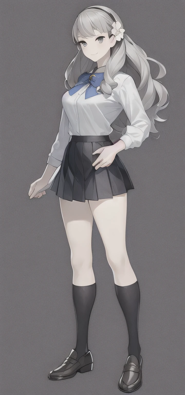 masterpiece, best quality,fuyusaka iori 1, 1girl, solo, hair flower, white shirt, short skirt, pleated skirt, black skirt, shoes, hair ornament, flower, long hair, full body, socks, grey hair, white flower, grey eyes, outline, looking at viewer, highly detailed library background, middle breast, smile, shameful face, slander, straight on, standing, loafers,