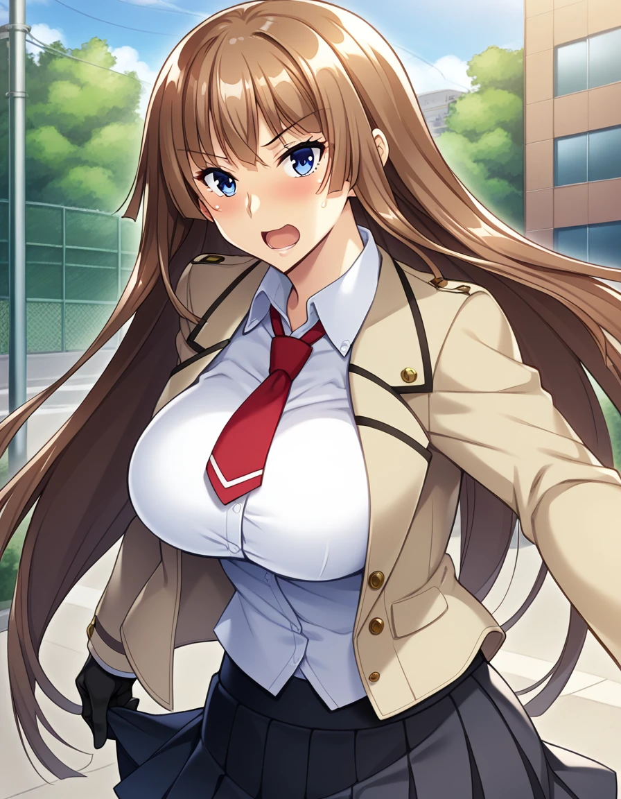 score_9, score_8_up, score_7_up, score_6_up, best quality, source_anime, game cg, aoi nagisa, BREAK solo, 1girl, koukawa asuka, brown hair, long hair, blue eyes, bangs, (huge breasts:0.8), medium body, BREAK (blue_school_jacket:1.1), breasts, tight clothes, black gloves, collared white blouse, red tie, black skirt, knee length pleated skirt, black pantyhose, shiny skin, BREAK blush, open mouth, outside, street, (upper body:1.1),