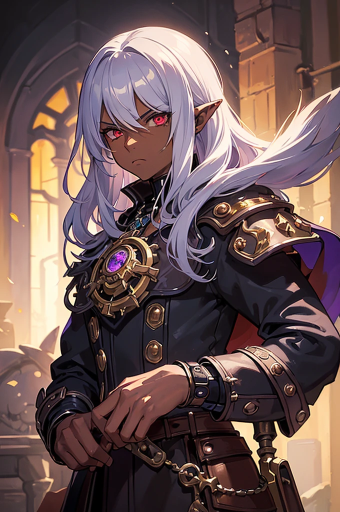 ((best quality)), ((masterpiece)), (detailed), ((boy)), ((mix between dungeonpunk and steampunk)), (serious), dark skinned, human, upper body, portrait, red eyes, long white hair, Xemnas from Kingdom Hearts, half-drow, pointy ears, serious face, dramatic lighting, purple hue, art by Kinema Citrus and Tetsuya Nomura