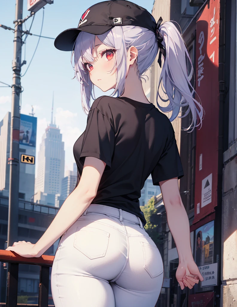 (Close-up:1.3),Realistic,Highest quality, Super detailed, High-quality CG rendering, The most delicate and beautiful, Floating softly, High resolution, (1 girl), (Highest quality,4K,8K,masterpiece:1.2), Light purple hair,(Very long ponytail:1.3),Red eyes,(Pure white oversized short sleeve T-shirt:1.3),(Black skinny pants:1.3),(Pure white cap:1.3),In the city,old buildings,(whole body:1.3),(Turn your back to your audience:1.3),Butt