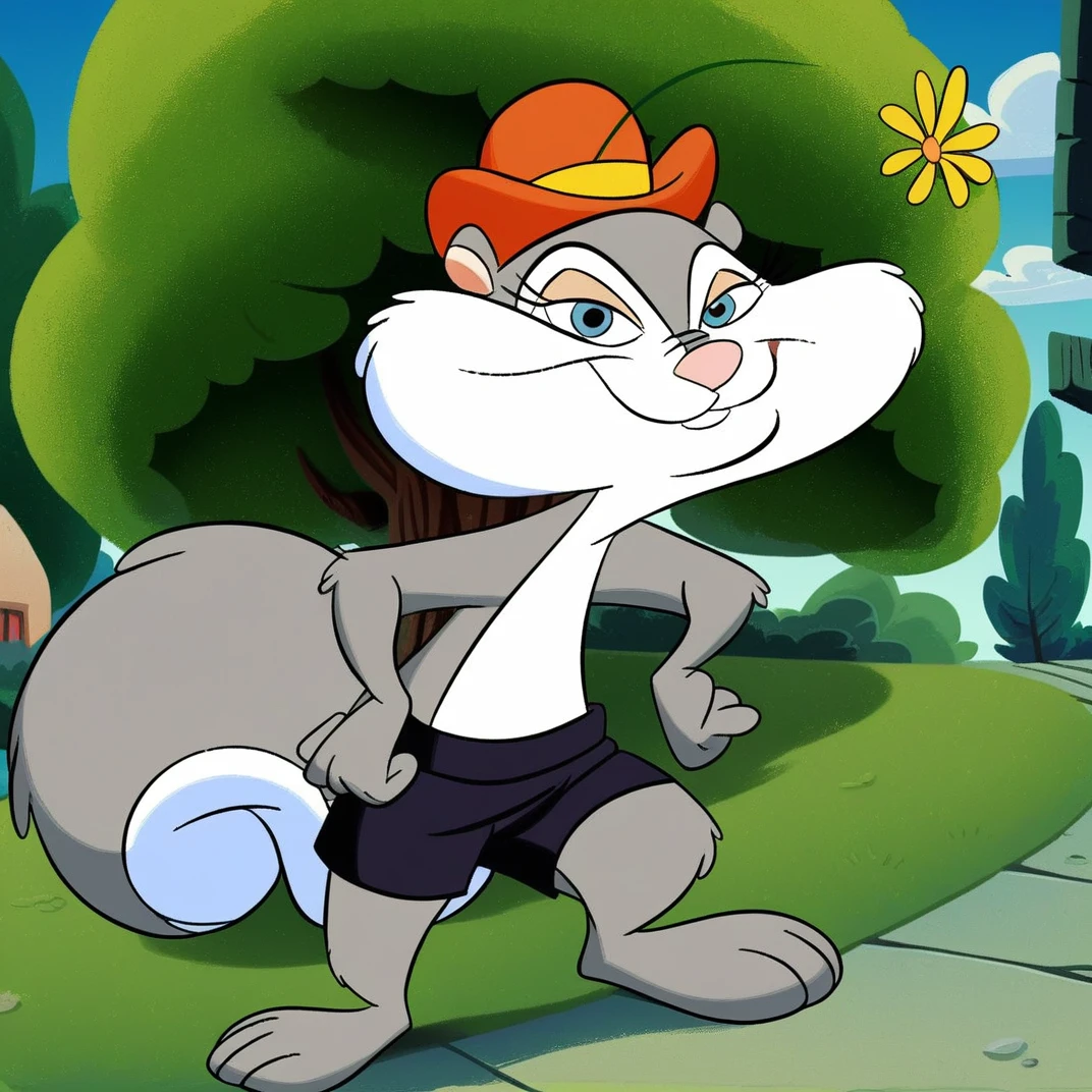 score_9, score_8_up, score_7_up, score_6_up, score_5_up, score_4_up, (Source furry),  slappy squirrel, furry female, 1girl, solo, outside, trees, smile, squirrel girl, looking at viewer, blue eyes, tail, grey fur, two tone fur, hat, wearing black shorts, flower hat,
