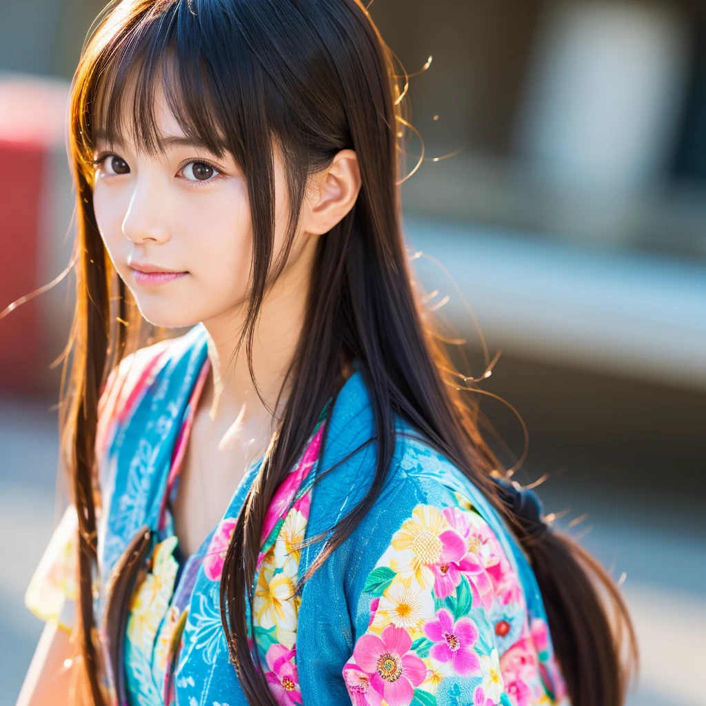 Create a vivid, lifelike portrait of a Japanese girl, .A girl&#39;s hair should flow naturally., And she is big, Expressive blue eyes. Her expression should be soft and gentle, With a warm and kind smile. A combination of warm and cool colors is preferable for the background., Enhance a girl&#39;s hair. She is wearing a blue lace dress with detailed embellishments.,Beautiful flowers in the background々is blooming、Cute puppy beside him、 Adding elegance to her appearance. The overall atmosphere of the artwork is bright.、It should be attractive, Capture the girl&#39;s sweet and friendly demeanor."