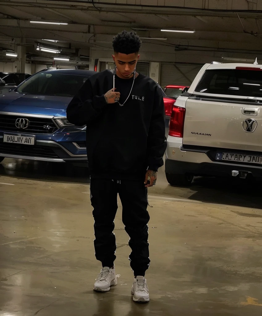 there is a man standing in a garage with an umbrella, photo by full body, profile pic, xxxtentacion, Riyad Cassim, wearing a sweatshirt, long full body shot shot, full body wide shot, full body shot shot!!, wearing a sweatshirt, very reflective, taken at the beginning of 2020, distant full body shot shot