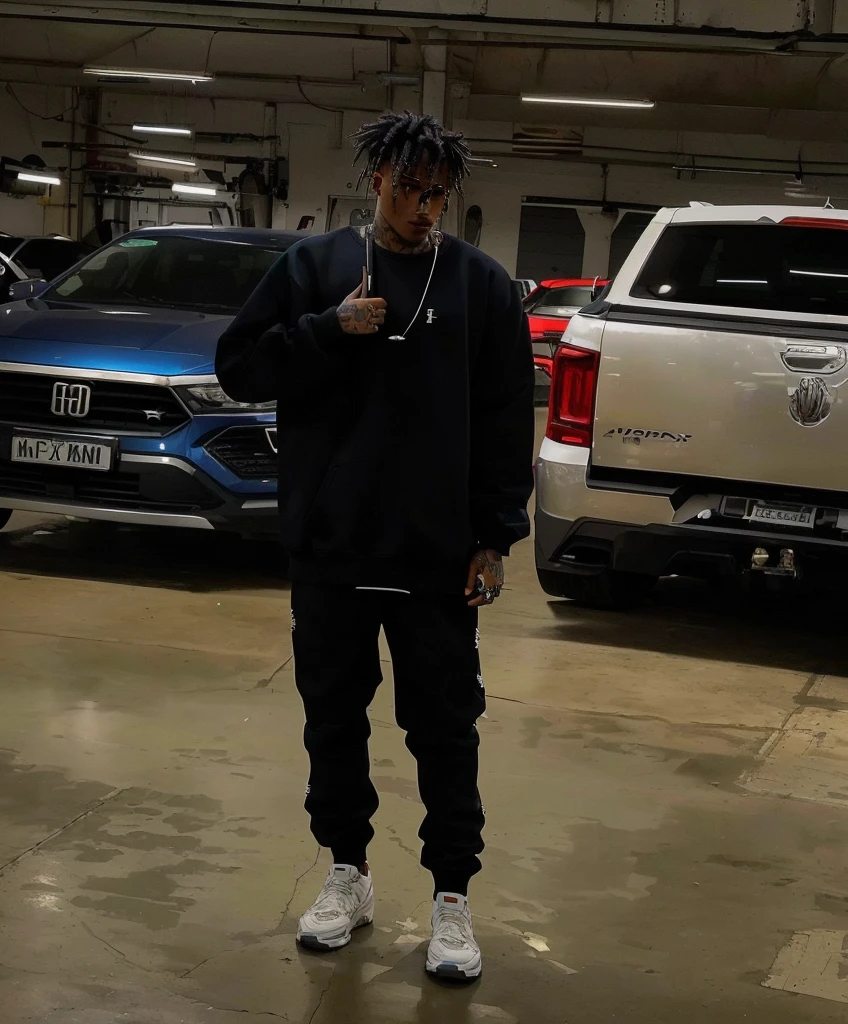 there is a man standing in a garage with an umbrella, photo by full body, profile pic, xxxtentacion, Riyad Cassim, wearing a sweatshirt, long full body shot shot, full body wide shot, full body shot shot!!, wearing a sweatshirt, very reflective, taken at the beginning of 2020, distant full body shot shot