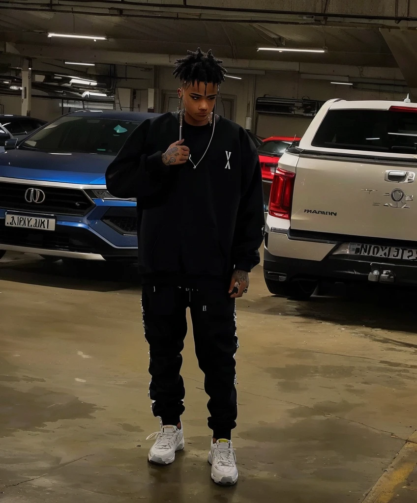 there is a man standing in a garage with an umbrella, photo by full body, profile pic, xxxtentacion, Riyad Cassim, wearing a sweatshirt, long full body shot shot, full body wide shot, full body shot shot!!, wearing a sweatshirt, very reflective, taken at the beginning of 2020, distant full body shot shot
