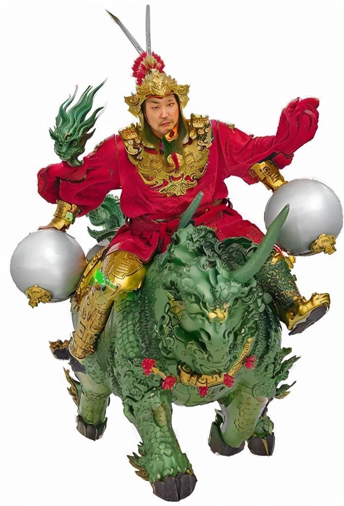 an ancient chinese warrior, with gold armour, red robe, 2 hands holding the stick of silver melon hammer, ridding on a green dragon head qilin.Green Unicorn