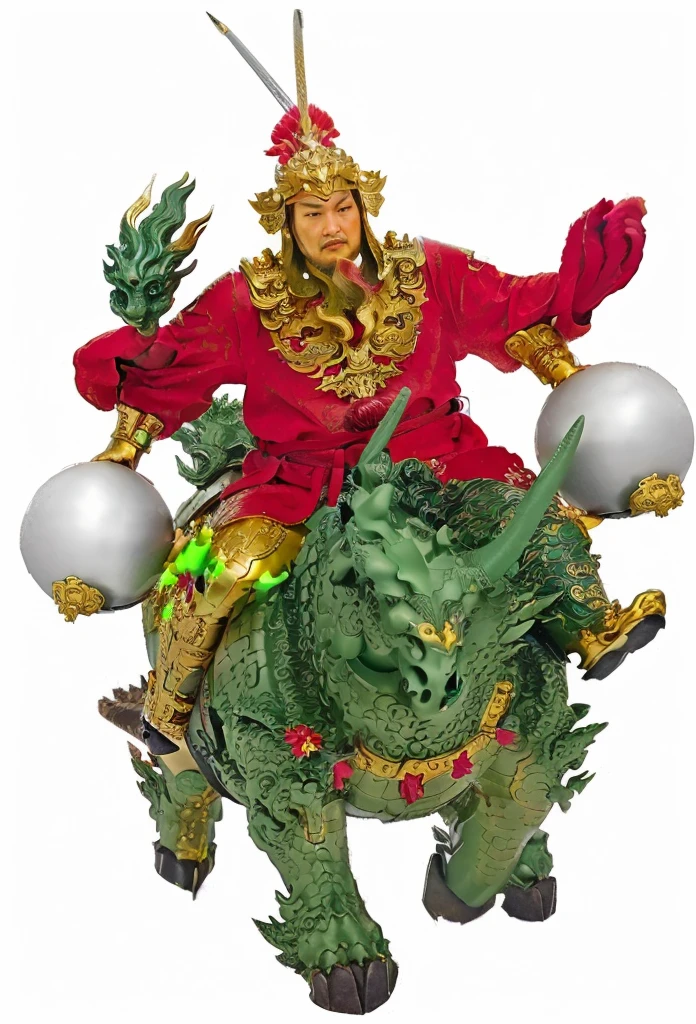 an ancient chinese warrior, with gold armour, red robe, 2 hands holding the stick of silver melon hammer, ridding on a green dragon head qilin.Green Unicorn