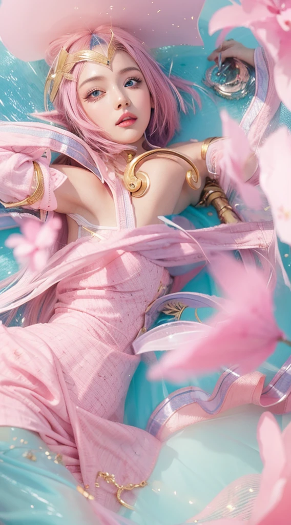 Woman with pink long hair, woman with beautiful face, woman with beautiful blue round eyes, woman with blue feather wing on her right hand, beautiful woman with pink lipstick, morning background, woman with beautiful pink flower on her blonde short hair, woman using pink skirt, woman with gold Root accessories on her body, woman on green leaf background, woman with golden accessories on her head, woman using blue dress and pink white gradient color, pink flower on her pink hair, pink dress, i SAID pink DRESSSSS