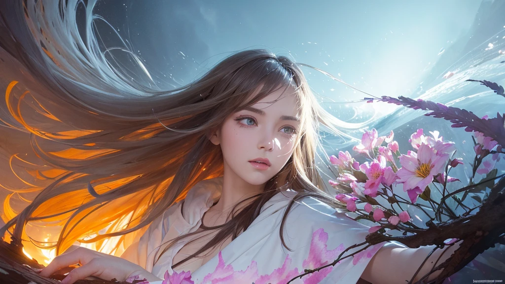 32k, Masterpiece, Highest quality, One girl, Detailed eyes, flower,Alstroemeria, White and orange style,A dreamy, romantic piece,Pale purple, Mysterious Leaves,A playful arrangement,Fantasy,High Contrast,Ink strokes,explosion,Exposure, Impression of white and orange tones,Abstract,((Watercolours by John Berkey and Jeremy Mann )) Brush strokes,Negative Space, Tyndall effect,