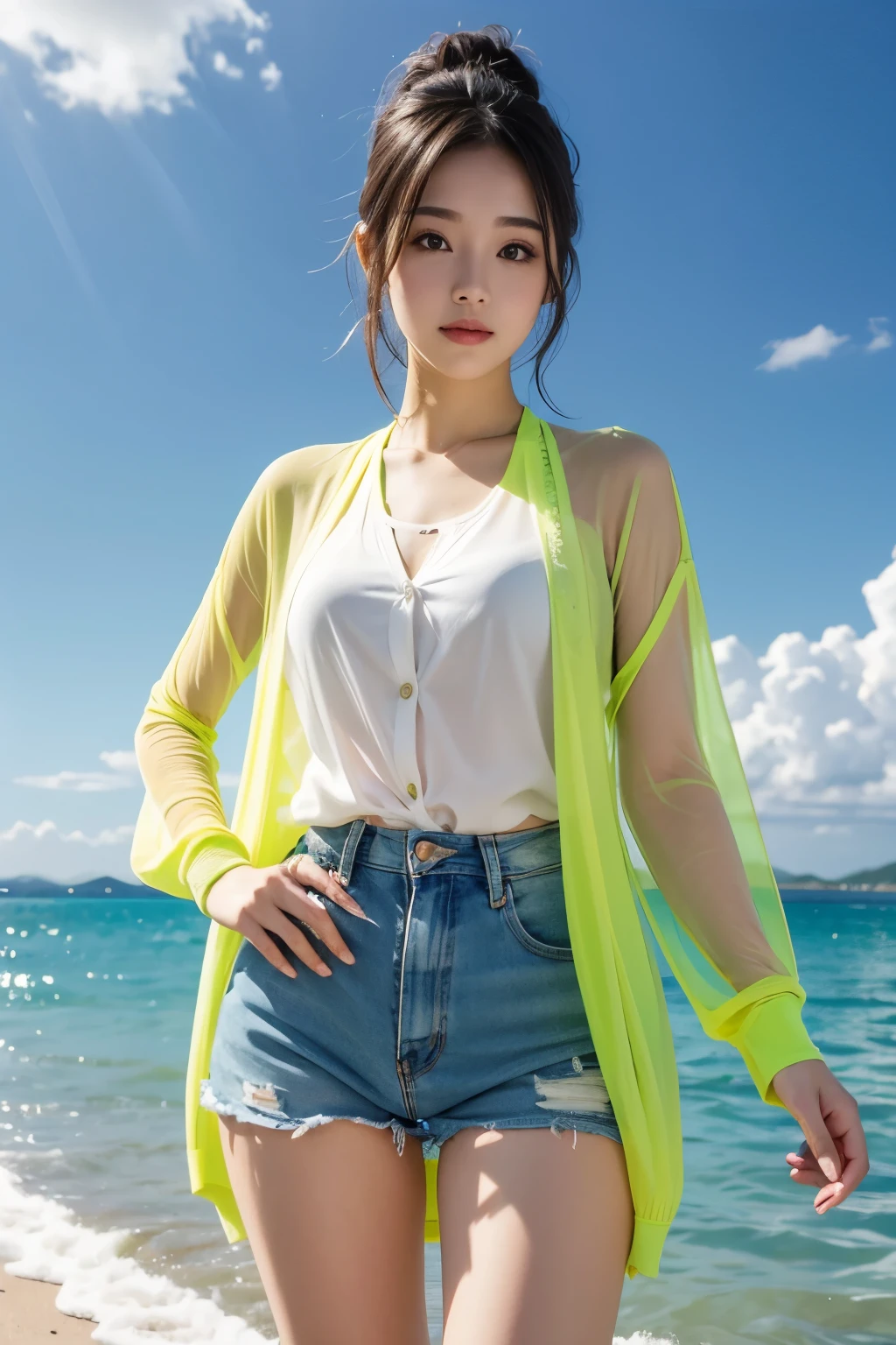 Beautiful woman on a beautiful sea background, Fluorescent yellow see-through cardigan,