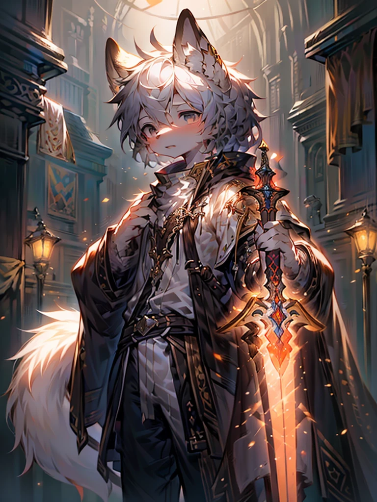 a male wolf-like humanoid angel with a damaged golden halo, wearing a white robe with golden floral patterns and a black tattered hem, white pants, and a pair of bony black-feathered wings, standing alone in a foggy, dilapidated background, holding a silver knight's sword in one hand, with black liquid dripping from his black eye sockets and black-and-white long hair, (best quality,4K,8K,highres,masterpiece:1.2),ultra-detailed,(realistic,photorealistic,photo-realistic:1.37),extremely detailed eyes and face,longeyelashes,detailed feathers,dramatic lighting,cinematic composition,dark fantasy,moody atmosphere,muted colors,clair obscur,Stand in an open area,Silver sword,Somewhat sad look,No underwear,