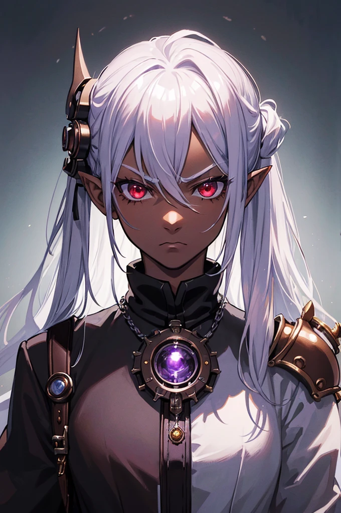 ((best quality)), ((masterpiece)), (detailed), ((boy)), ((mix between dungeonpunk and steampunk)), (serious), dark skinned, human, upper body, portrait, red eyes, long white hair, Xemnas from Kingdom Hearts, half-drow, pointy ears, serious face, dramatic lighting, purple hue, art by Kinema Citrus and Tetsuya Nomura