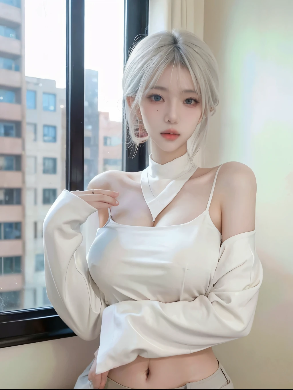 Beautiful woman with perfect figure:1.4,Layered hairstyle,White skin,Prominent cleavage,Bikini:1.5,Super short pleated skirt,whole body,Very delicate facial and skin texture,Double eyelids,Skin Whitening,Long white hair