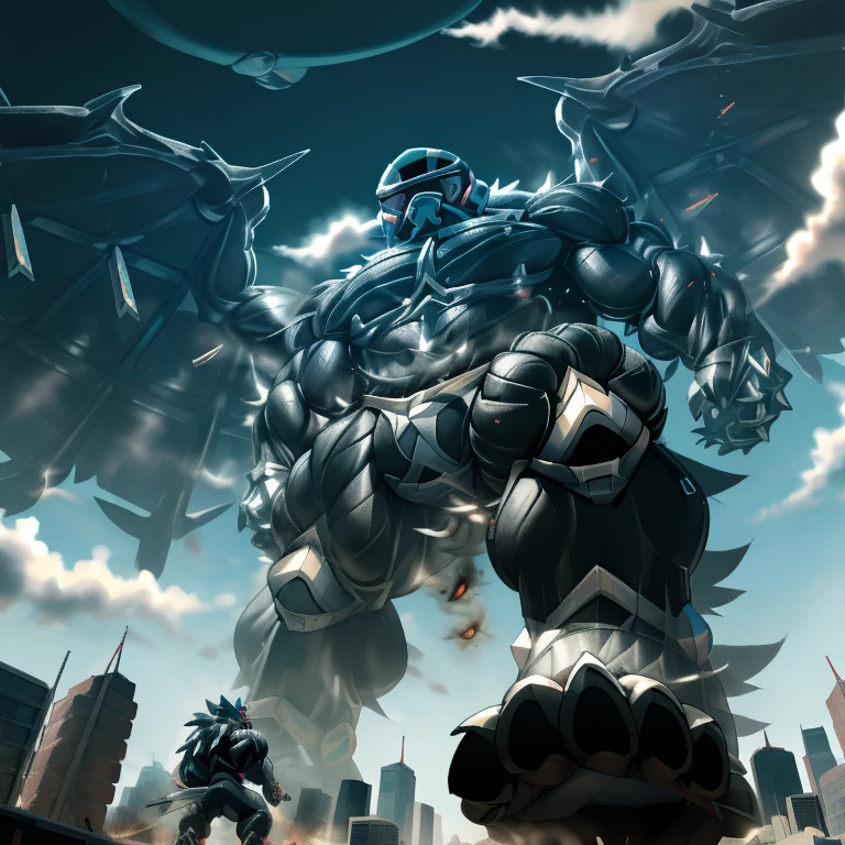 (masterpiece. official art. 8k. best quality. detailed full body. full body.)
(situation 1 : dominating LUCARIO. focus GIANT mechanical Muscular LUCARIO is trampling the CITY. macro. stomp. Low-angle perspective. emphasizing the immense size. The perspective is from below, emphasizing the sheer majesty and power of the Giant. giant art. He is much bigger than a skyscraper. micro soccer field. looking down. foot focus, (soles:1.2))
(situation 2 :smoke and flames rising from the destruction in the city)
(Additional details 1: wearing a full-face helmet. helmet is jet black. The color of NANOSUIT is jet black. high-tech bio-mecha armor. real texture material. whole body shines like metal. Wearing cyberpunk mecha. emphasizes the muscles. suit fully made of metal. intricate armor. Robotic suit. suit fully made of metal. NANOSUIT with the same design as LUCARIO.). (Lucario has 5 toes.)
(Additional details 2: (Detailed head. Detailed Body. Detailed abs. gigantic muscles. HYPER MUSCLES. Gigachad Muscular. big muscle. pecs. triceps. traps. unusually developed muscular body. body full of huge muscles. showing off muscles. pectorales enormes. Exaggeratedly huge muscles. huge muscles. long legs.).
(Additional details 3: nj5furry, Spread wings. It has wings. black have big wings. The claws are sharp. Sharp teeth.5 toes.).