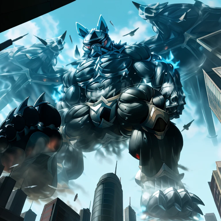 (masterpiece. official art. 8k. best quality. detailed full body. full body.)
(situation 1 : dominating LUCARIO. focus GIANT mechanical Muscular LUCARIO is trampling the CITY. macro. stomp. Low-angle perspective. emphasizing the immense size. The perspective is from below, emphasizing the sheer majesty and power of the Giant. giant art. He is much bigger than a skyscraper. micro soccer field. looking down. foot focus, (soles:1.2))
(situation 2 :smoke and flames rising from the destruction in the city)
(Additional details 1: wearing a full-face helmet. helmet is jet black. The color of NANOSUIT is jet black. high-tech bio-mecha armor. real texture material. whole body shines like metal. Wearing cyberpunk mecha. emphasizes the muscles. suit fully made of metal. intricate armor. Robotic suit. suit fully made of metal. NANOSUIT with the same design as LUCARIO.). (Lucario has 5 toes.)
(Additional details 2: (Detailed head. Detailed Body. Detailed abs. gigantic muscles. HYPER MUSCLES. Gigachad Muscular. big muscle. pecs. triceps. traps. unusually developed muscular body. body full of huge muscles. showing off muscles. pectorales enormes. Exaggeratedly huge muscles. huge muscles. long legs.).
(Additional details 3: nj5furry, Spread wings. It has wings. black have big wings. The claws are sharp. Sharp teeth.5 toes.).