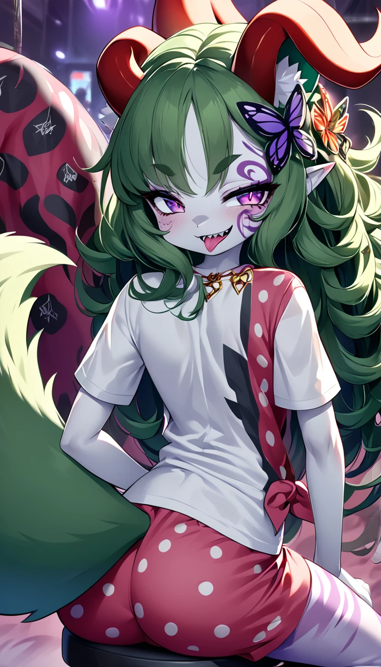 1 gothic monster girls, with long messy hair, dark green hair, creepy hair ornament, flowers in hair, bugs in hair, lots of bugs in her curly hair, pretty face, t-shirt, pajama pants, disgustiNg clothiNg,  leggings, other has colorful polka dots on her skin, big furry spiky fox tail, cute butterfly wings, white SKIN color, big animal ears, anime style ,monster girl,  eyes,  smirk, GREEN , purple drool, magenta eyes, happy, open mouth, horns, score_9, spikes, polka dots on her face and arms, adorable tattoo, cute tattoos, upper body focus, 2 sharp teeth, STRAPPED TO comfy stool, tied up, fancy sharp nails, fancy neckace, scars, scratches on body, wearing jewelry, cute seat cushion, DonM0m3g4XL,very long , piercings, very detailed,very long SLOBBERY MONSTER , thigh markings, exploding clothes, ,furry girl,long ,short , Furry Mix, side view,medium , turning to face viewer, nice , , backshot