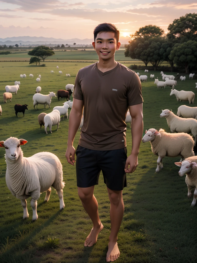 A slim Indonesian man wearing a brown shirt and black shorts, barefoot, herding a spotless white sheep. They lovingly pose in the middle of a grassy field at sunset, creating a blend of natural beauty and harmony.
