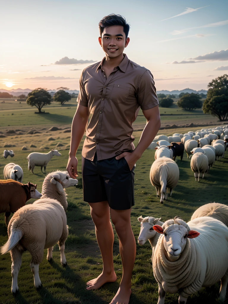 A slim Indonesian man wearing a brown shirt and black shorts, barefoot, herding a spotless white sheep. They lovingly pose in the middle of a grassy field at sunset, creating a blend of natural beauty and harmony.