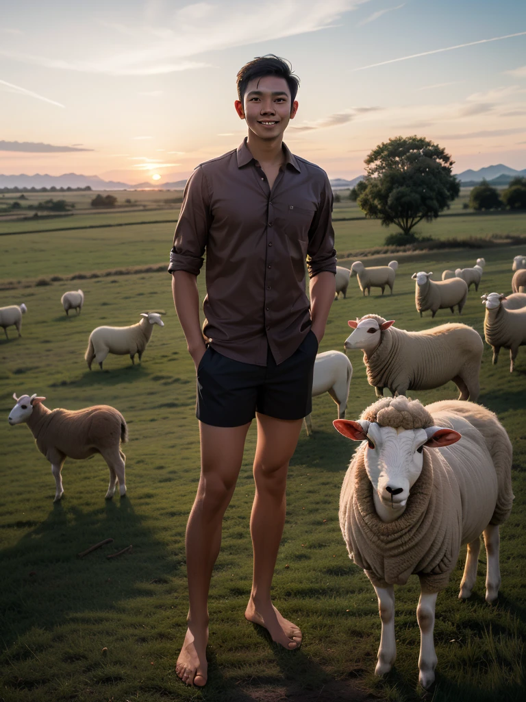 A slim Indonesian man wearing a brown shirt and black shorts, barefoot, herding a spotless white sheep. They lovingly pose in the middle of a grassy field at sunset, creating a blend of natural beauty and harmony.