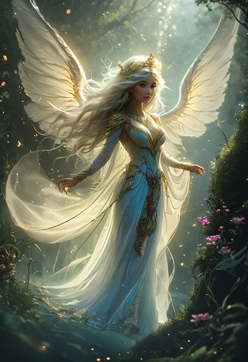 Create a highly detailed and high-resolution image of a beautiful 23-year-old woman in a fantasy world. She should have a stunning face and a beautiful body, depicted in a full-body shot. The fantasy setting should include lush, magical landscapes with vibrant colors, ethereal lighting, and fantastical elements like floating islands or mythical creatures. Ensure the image is rendered in high resolution, with intricate details and vibrant colors to capture the enchanting atmosphere and the woman's captivating beauty