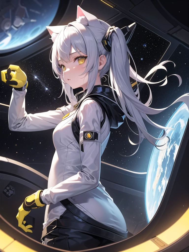 masterpiece, best quality, 1girl, spacecraft interior, spacesuit, upper body, from side, science fiction, yellow eyes, twintails, silver hair, cat ears, looking at viewer,space