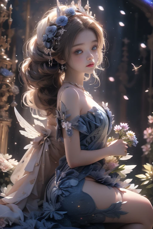 4K Ultra HD, Masterpiece, a young woman, good face, Detailed eyes, detailed lips, Flower Fairy, big wings, clear wings, neon light, (Galaxy Background:1.5), (Flower dress:1.8), (Indigo set:1.5), In heaven, sit,