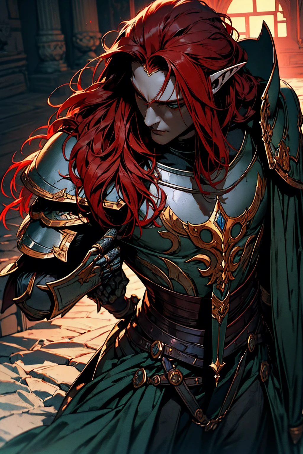 work of art, best qualityer, 1 men, -up, male focus, standing alone, red hair, long hair, vibrant green eyes, dark elf, ebony plus, dark elf, heavy armor, male, cloak, darkskin, war cry, Fantasy aesthetic, highy detailed, shadowverse style, elf ear, elf knight armor. Holding Chinese halberd, going, writing, lying down, standing, on your back, fighting, dynamic poses. Get ready to dive into a world where beauty and craftsmanship merge perfectly