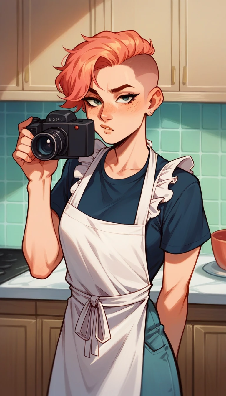 a closeup portrait of a playful maid, undercut hair, apron, amazing body, pronounced feminine feature, kitchen, [ash blonde | ginger | pink hair], freckles, flirting with camera