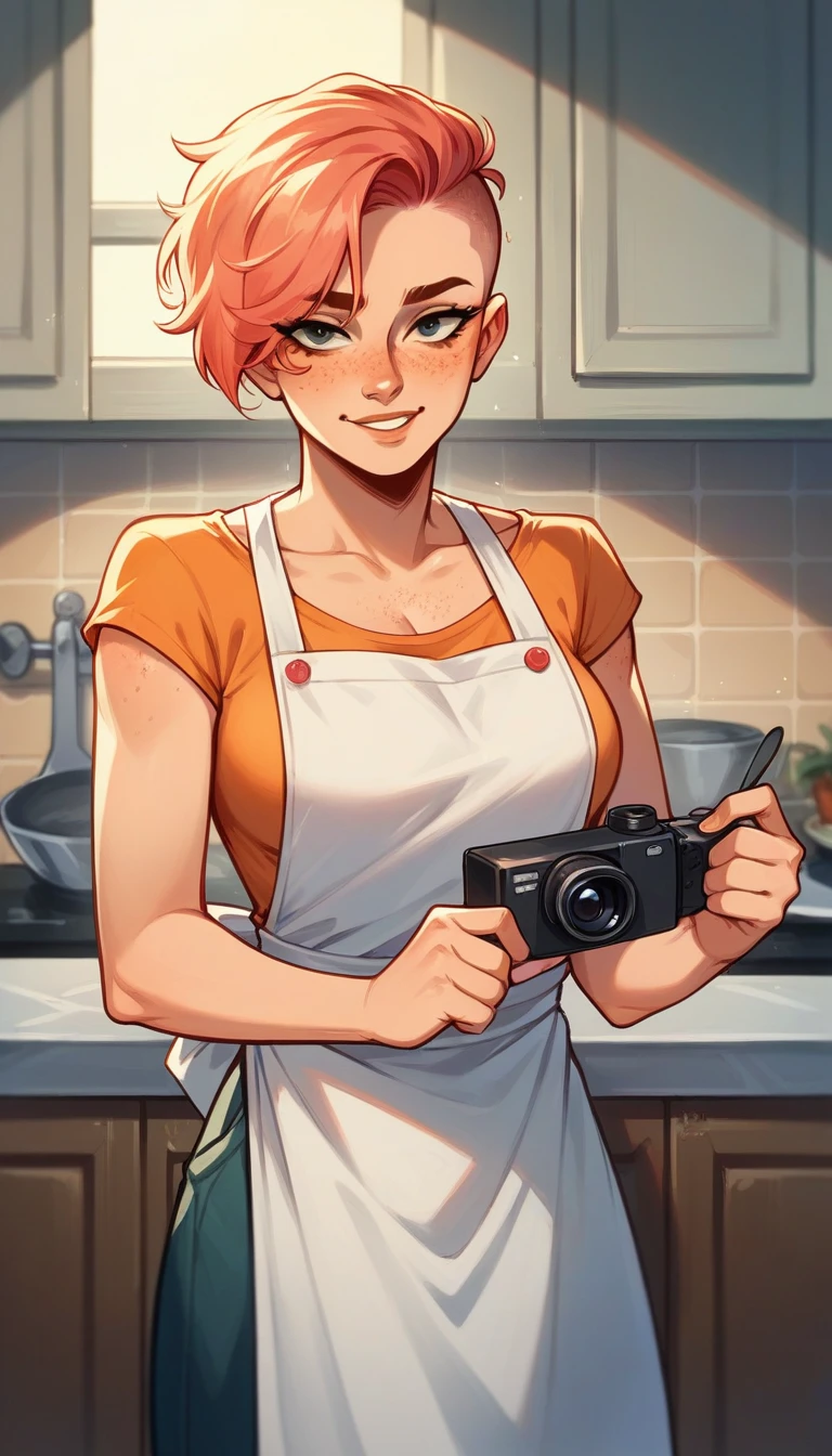 a closeup portrait of a playful maid, undercut hair, apron, amazing body, pronounced feminine feature, kitchen, [ash blonde | ginger | pink hair], freckles, flirting with camera